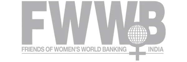 FWWB logo displaying bold dark blue letters with a light blue light-globe Venus symbol overlaying the letter B and the full text Friends of Women's World Banking India below.