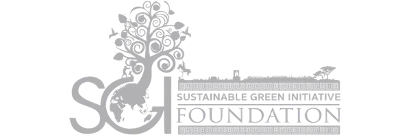 Sustainable Green Initiative Foundation logo featuring SGI initials, a vibrant fruit-bearing tree growing out of a globe, and a city skyline silhouette.
