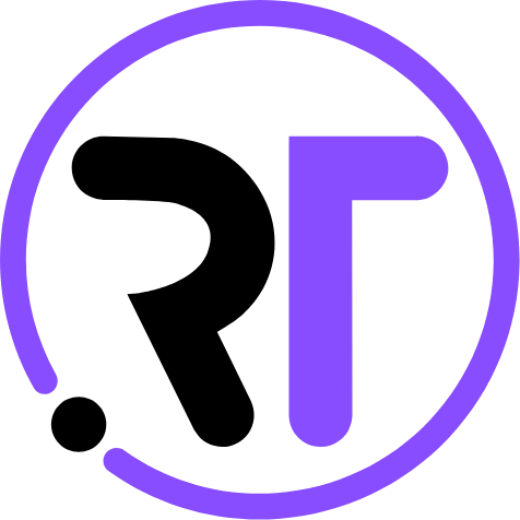 Circular Relific logo with a purple outline framing a black letter R, a purple letter T, and a small black dot at the bottom left.