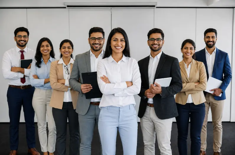 Diverse team of Indian professionals standing together indoors in formal business attire, smiling at the camera.