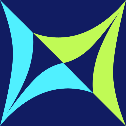 Voluntee-R logo featuring a stylized four-pointed star composed of cyan and lime green curved geometric shapes on a dark blue background.
